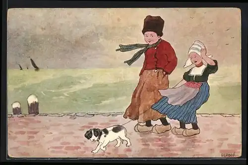 Künstler-AK Kinder in niederländischer Tracht mit Hund