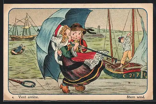 Künstler-AK Kinder in niederländischer Tracht mit Schirm am Meer