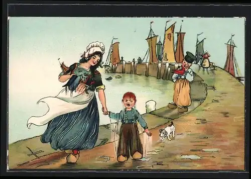 Künstler-AK Frau mit durchnässtem Kind in niederländischer Tracht