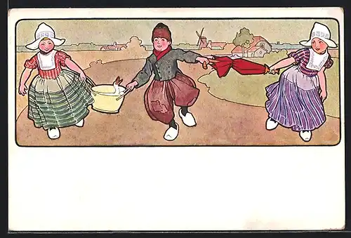 Künstler-AK Kinder mit Gans und Schirm in niederländischer Tracht