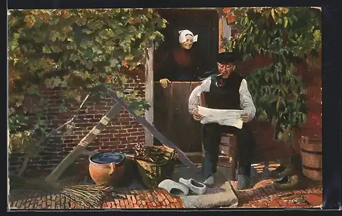 AK Laren, Sunday afternoon, Mann sitzt lesend & rauchend vor dem Haus