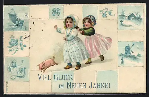 Künstler-AK Mädchen in niederländischer Tracht mit Ferkel