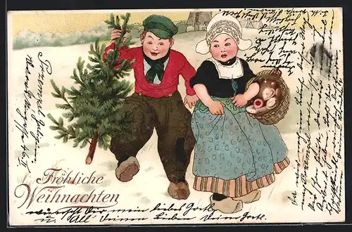 Künstler-AK Kinder in niederländischer Tracht mit Weihnachtsbaum
