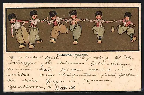 Künstler-AK Kinder in niederländischer Tracht fassen sich bei den Händen