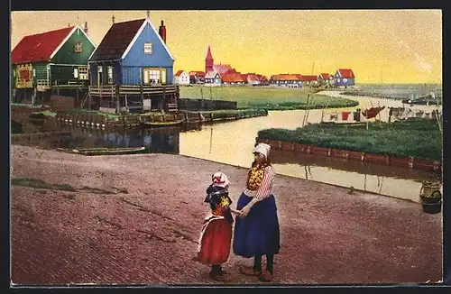 Künstler-AK Photochromie Nr. 4482: Marken, Frauen in Tracht im Abendrot