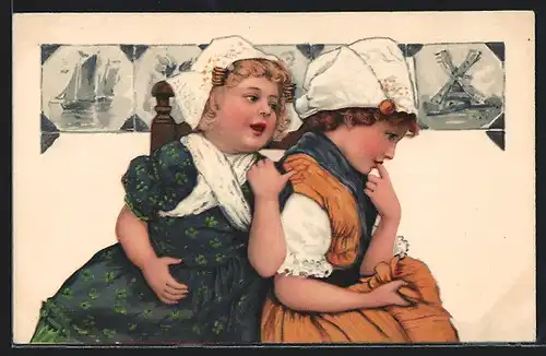 AK Niedliche Mädchen sitzen beisammen in niederländischer Tracht