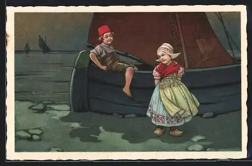 Künstler-AK Kinder in niederländischer Tracht an einem Segelboot
