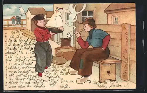 Lithographie Niederländische Strassenszene mit Knabe und Mann