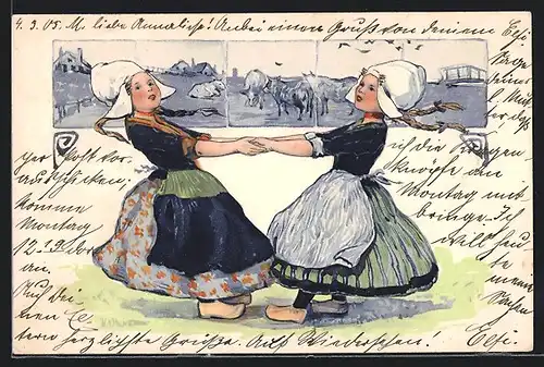 AK Niederländische Mädchen in Tracht beim Tanz