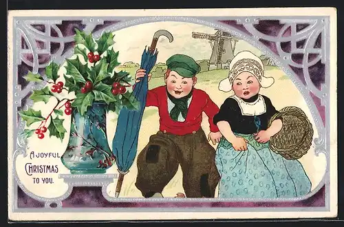 Künstler-AK Kinder in niederländischer Tracht mit Schirm