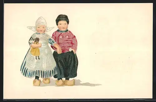 Künstler-AK Kinder in niederländischer Tracht mit Puppe