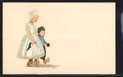 Künstler-AK Kinder in niederländischer Tracht mit Wollknäuel