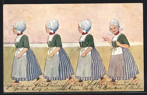 Künstler-AK Brüder Kohn (B.K.W.I) Nr. 648-9: Kleine Niederländerinnen im Gänsemarsch