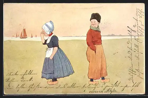 Künstler-AK Kinder in niederländischer Tracht am Meer