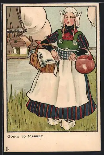 AK Niederländisches Mädchen in Tracht auf dem Weg zum Markt