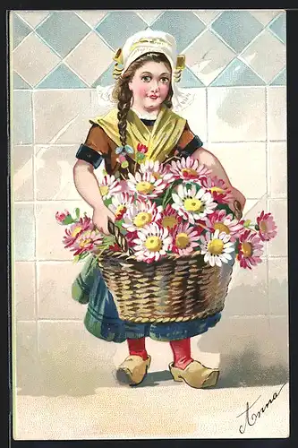 AK Niederländerin in Holzschuhen mit Blumenkorb
