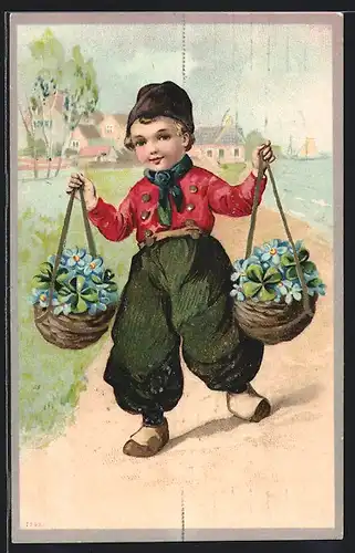 Künstler-AK Junge in niederländischer Tracht mit Blumenkörben