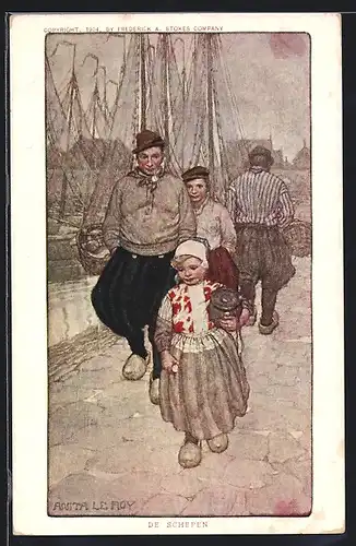 Künstler-AK M. Munk Nr. 386: Niederländisches Kind und Fischer am Hafen