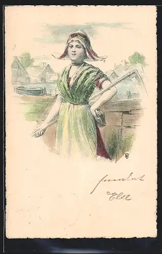 Künstler-AK Junge Frau in niederländischer Tracht mit Sense