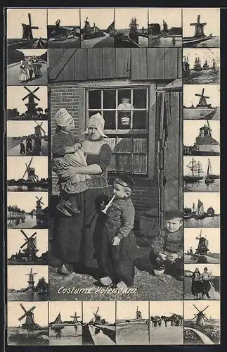 AK Volendam, Frau mit Kindern in Tracht, Windmühlen