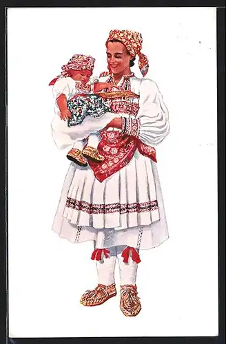 Künstler-AK V. Kirin, Zagreb-Sestin, junge Mutter hält Kind im Arm, kroatische Trachten, Jugoslawien