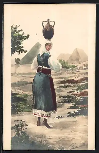 AK Serbische junge Frau mit Wasserkrug auf dem Kopf
