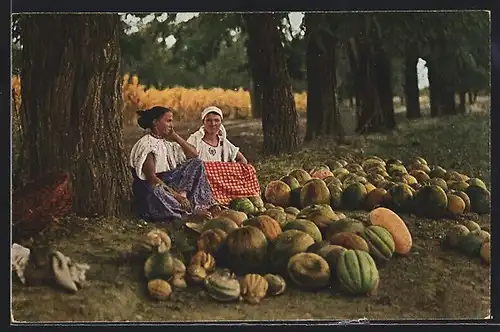 AK Melonenhändlerinnen am Rand einer Allee