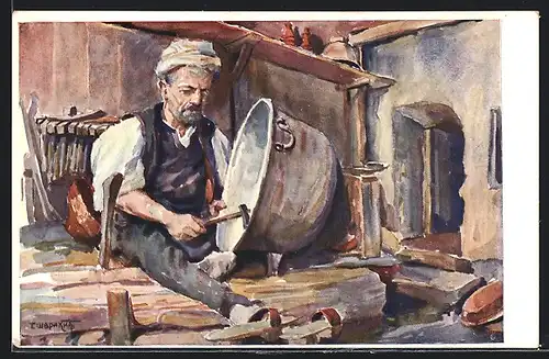 Künstler-AK Sarajewo, Kazandzija Chaudronnier, Handwerker beschlägt Topf