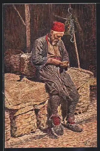 Künstler-AK Bosnien-Hercegovina, Älterer Herr in Tracht sitzt auf Körben