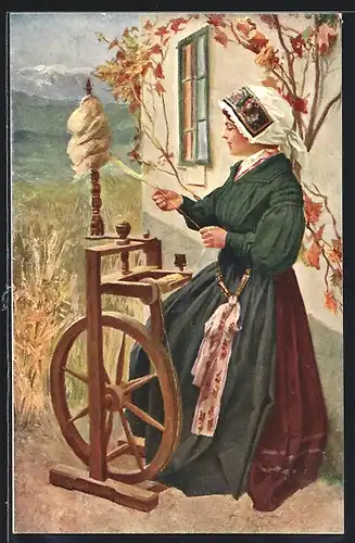 Künstler-AK Österr.-Ungarisches Mädchen am Spinnrad