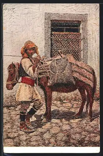 Künstler-AK Bosnien-Hercegovina, Junger Mann mit einem Esel
