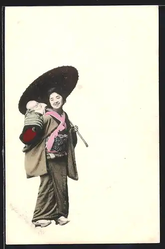 AK Geisha mit Schirm und niedlichem Baby