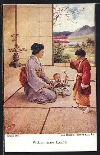 Künstler-AK A Japanese Home, Geisha mit ihren Kindern