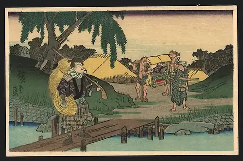 Künstler-AK Japanische Arbeiter am Fluss in traditioneller Tracht