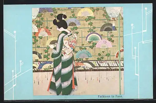 Künstler-AK Kinu-ogi, Dame mit Seidenfächern, Geisha