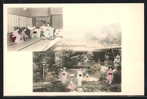 AK Geishas mit Fächern in einem Garten