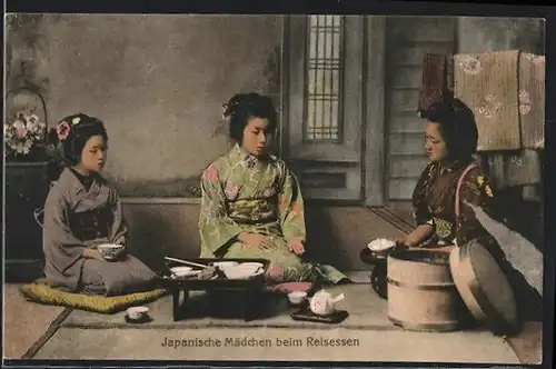 AK Japanische Mädchen beim Reisessen, Geisha