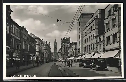 AK Krefeld, strasse mit Geschäften
