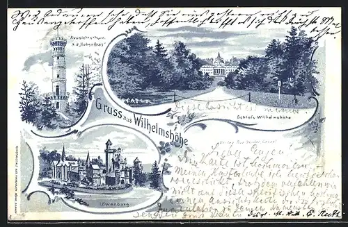 Lithographie Kassel, Schloss Wilhelmshöhe, Löwenburg, Aussichtsturm a.d. Hohen Gras
