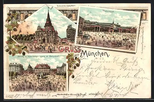 Lithographie München, Löwenbräukeller, Bahnhof mit Leuten, Blick vom Karlstor