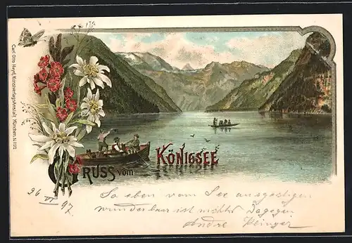 Lithographie Königsee, Ruderboote und Berge