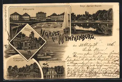 Lithographie München-Nymphenburg, Schlossansicht, Apollotempel m. grossem See