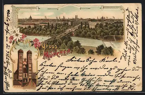 Lithographie München, Teilansicht mit Brücke, Frauenkirche-Dom