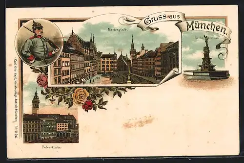 Lithographie München, Marienplatz, Peterskirche, Fischsbrunnen