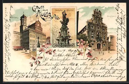 Lithographie Augsburg, Rathaus, Herkules-Brunnen, Zeughaus