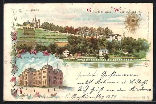 Lithographie Würzburg, Teilansicht, Käppele, Neues Universitäts Gebäude