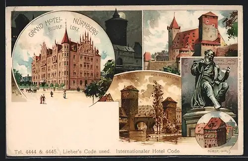 Lithographie Nürnberg, Grand Hotel, Bes. Rudolf Lotz, Henkersteg, Hans-Sachs-Monument, Dürer-Haus