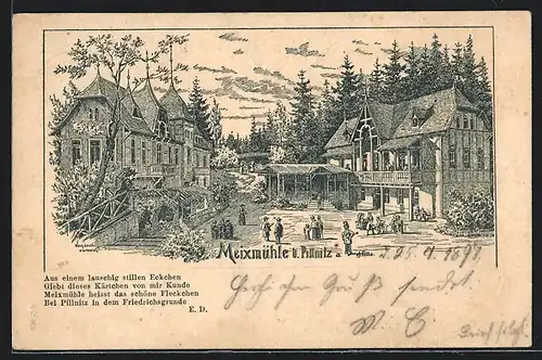 Lithographie Dresden-Pillnitz, Restaurant Meixmühle im Friedrichsgrunde