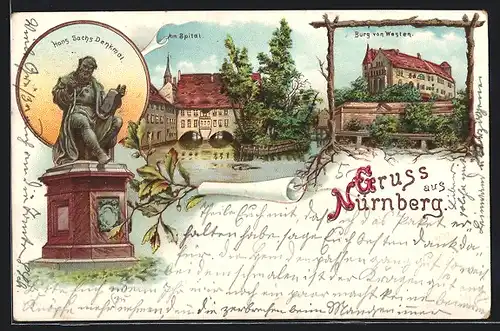 Lithographie Nürnberg, Hans Sachs Denkmal, Am Spital, Burg von Westen