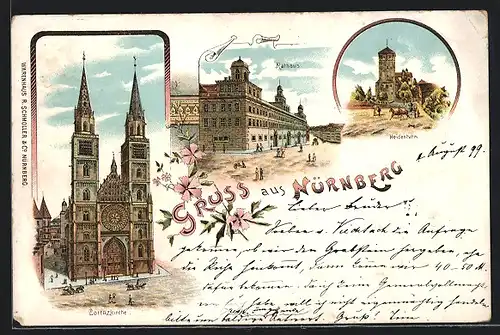 Lithographie Nürnberg, Blick auf Lorenzkirche, Rathaus und Heidenturm
